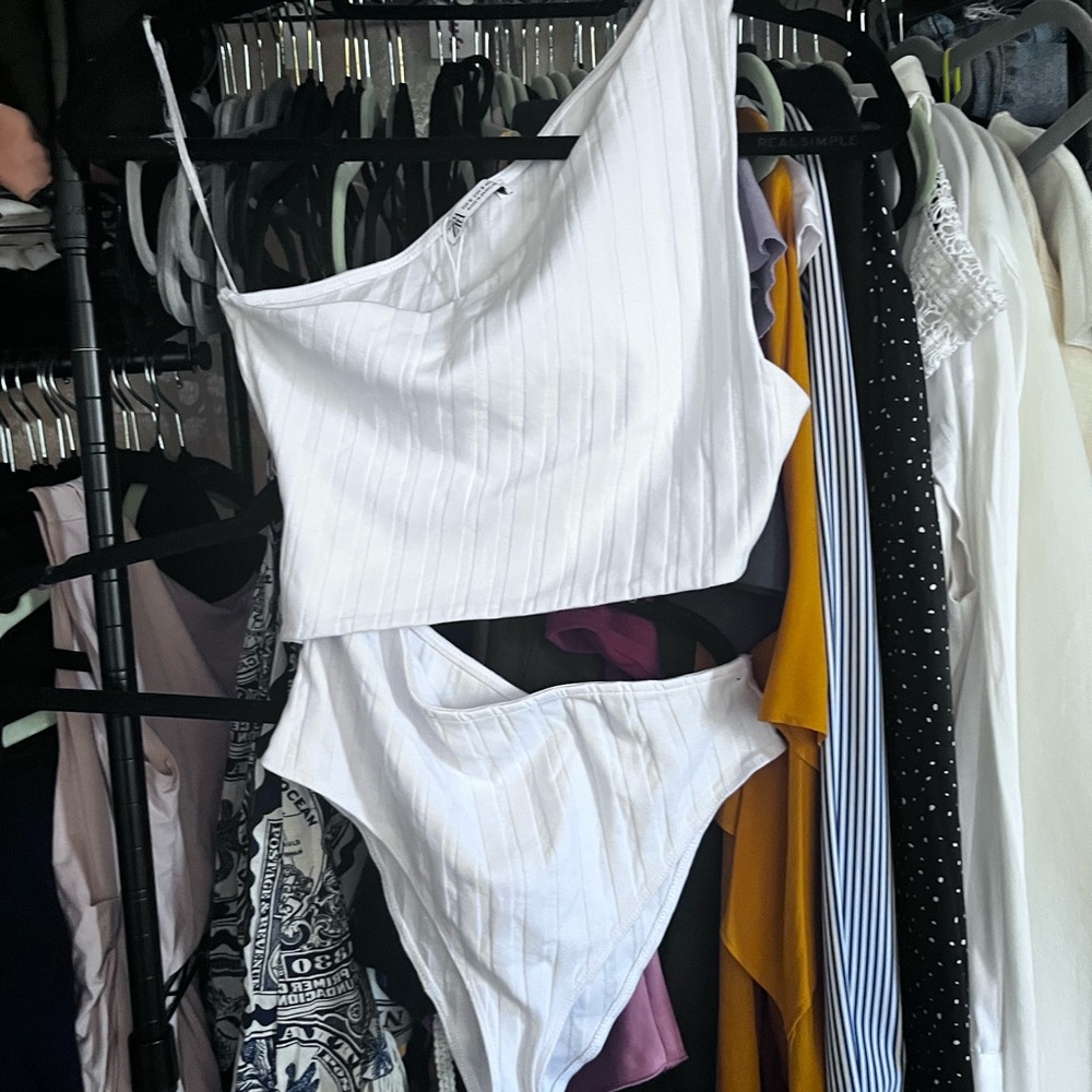 Zara White Asymmetrical Cut Out Bodysuit